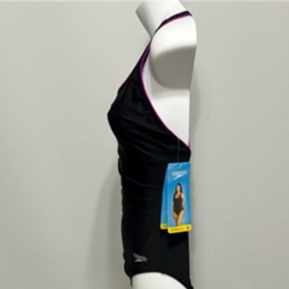 SPEEDO UltraBack Black With Purple Contrasting Piping One-Piece Swimsuit NWT - Picture 2 of 14